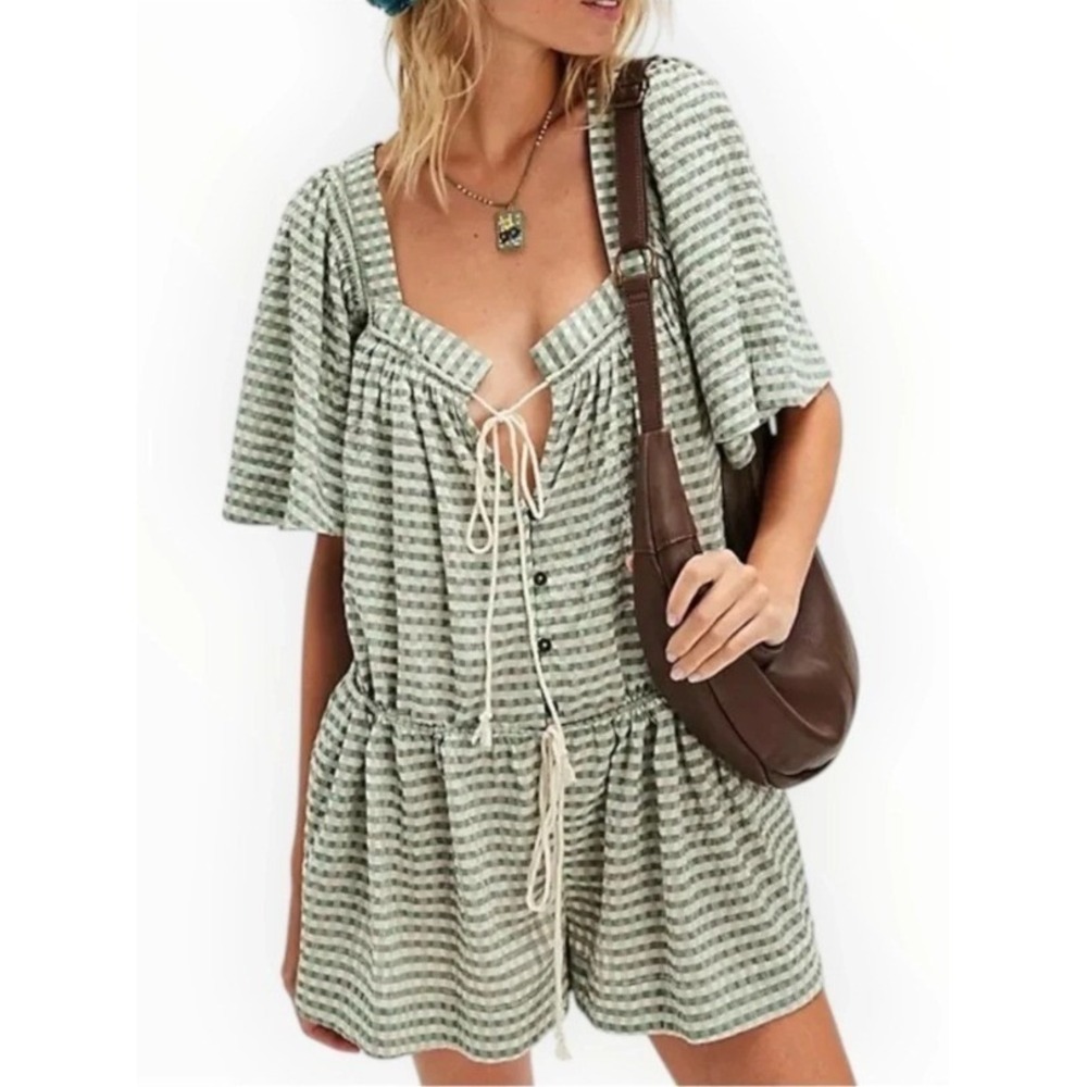 Free‎ People County Line Plaid Romper Womens M Green Gingham Flutter Sleeve NWOT